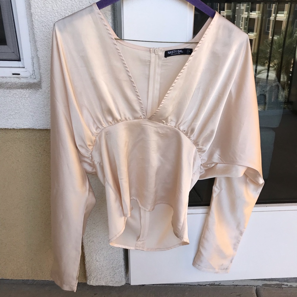 Nasty Gal Ivory Satin Long Sleeve Blouse